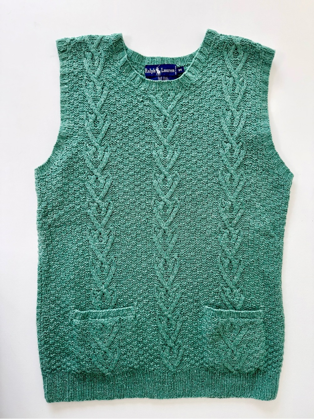 Vintage Ralph Lauren Hand Knit Silk Wool Linen Cable Knit Sweater Vest Green Med